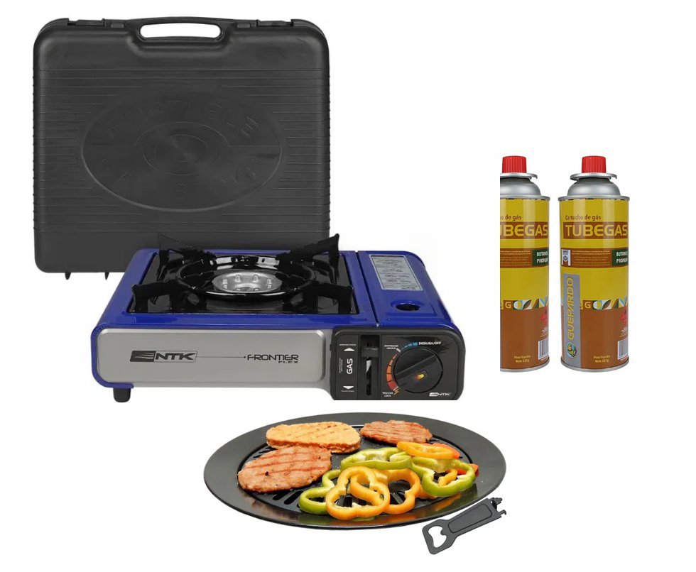 Fogareiro Frontier Portatil Para Cozinha E Camping Azul + Refil + Grill Plate