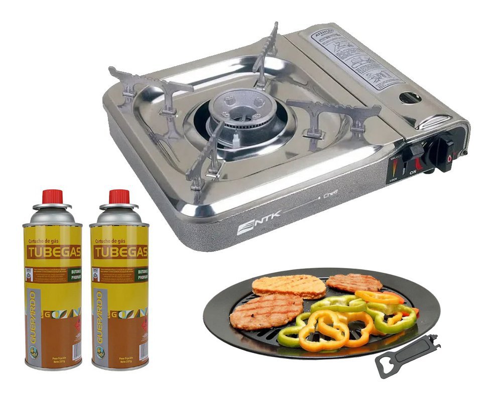 Fogareiro Cheff Com Base Inox + Refil + Grill Plate
