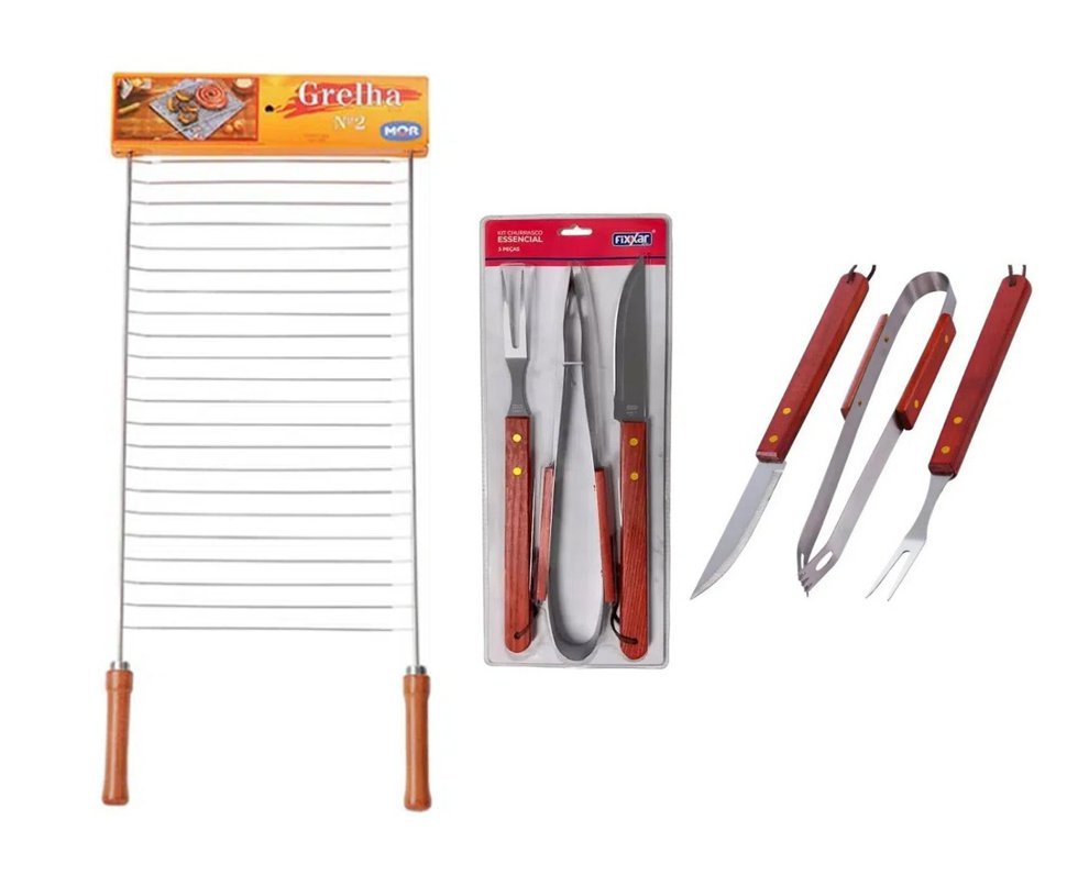 Grelha Simples 02 Ref. 003108 - Mor + Kit Churrasco Inox 3 Pcs Essencial UD 3701 - Fixxar