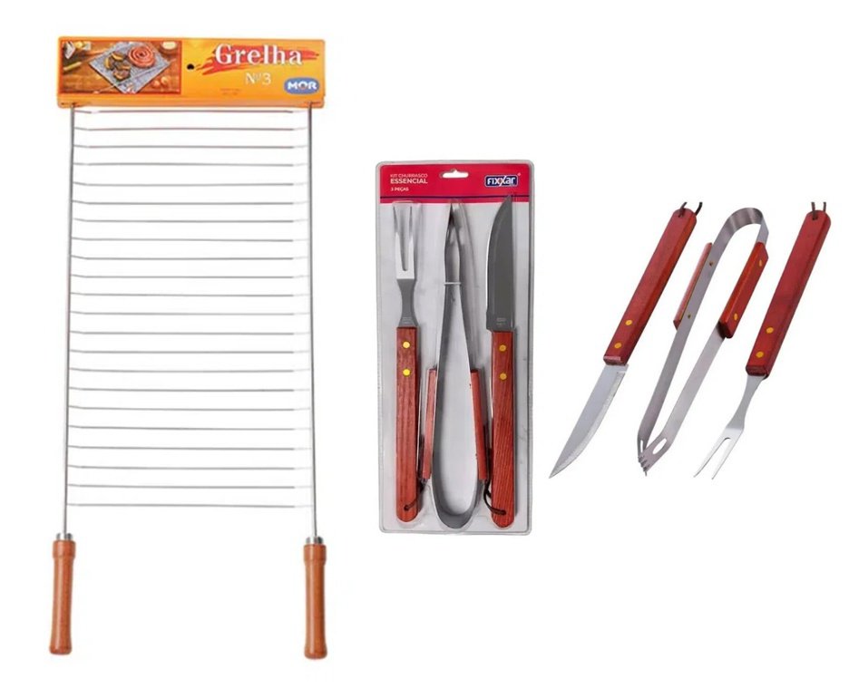 Grelha Simples 03 Ref. 003109 - Mor + Kit Churrasco Inox 3 Pcs Essencial UD 3701 - Fixxar