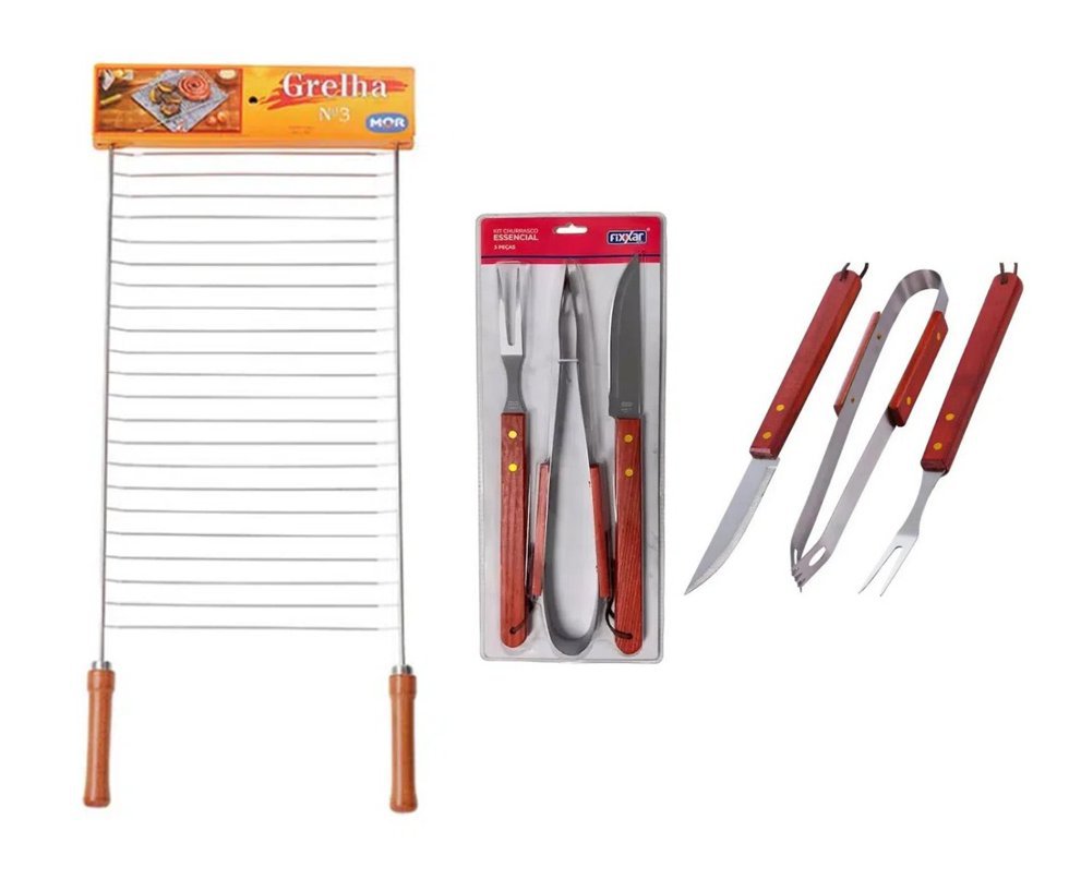 Grelha Simples 03 Ref. 003109 - Mor + Kit Churrasco Inox 3 Pcs Essencial UD 3701 - Fixxar