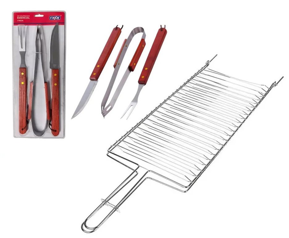 Grelha Super Grill 03 Ref. 003106 - Mor + Kit Churrasco Inox 3 Pcs Essencial UD 3701 - Fixxar