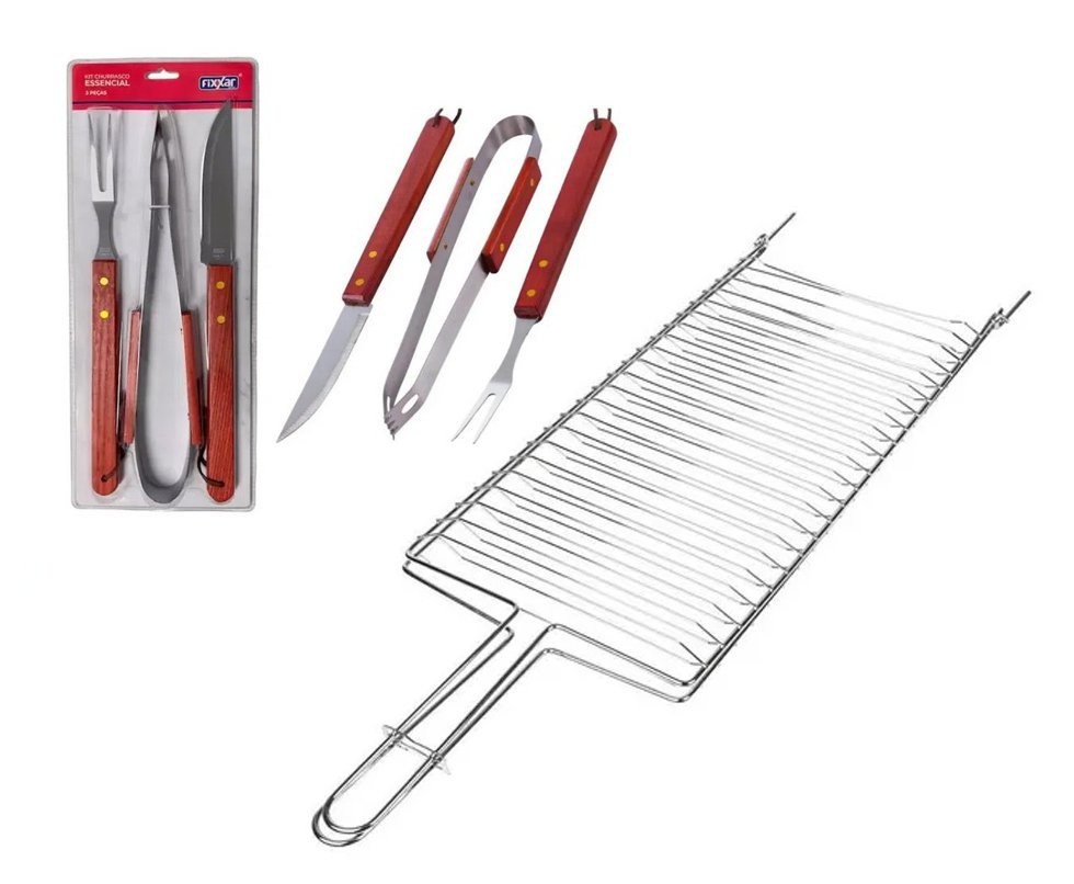 Grelha Super Grill 03 Ref. 003106 - Mor + Kit Churrasco Inox 3 Pcs Essencial UD 3701 - Fixxar