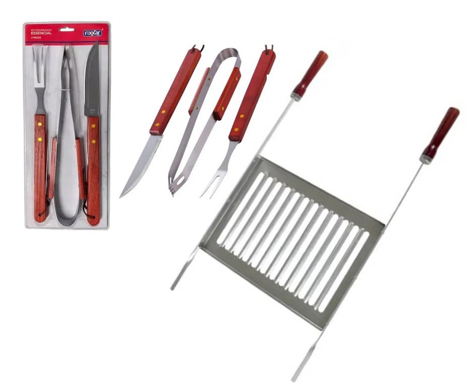 Grelha Alumínio Pro Ref. 003125 - Mor + Kit Churrasco Inox 3 Pcs Essencial UD 3701 - Fixxar