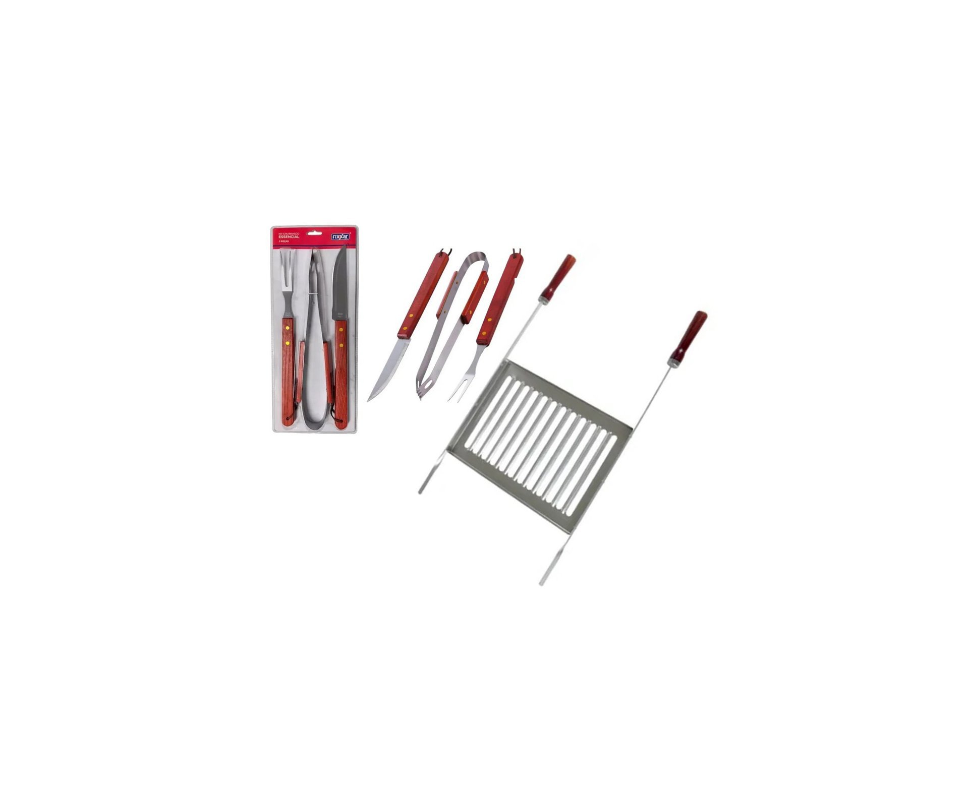 Grelha Alumínio Pro Ref. 003125 - Mor + Kit Churrasco Inox 3 Pcs Essencial UD 3701 - Fixxar