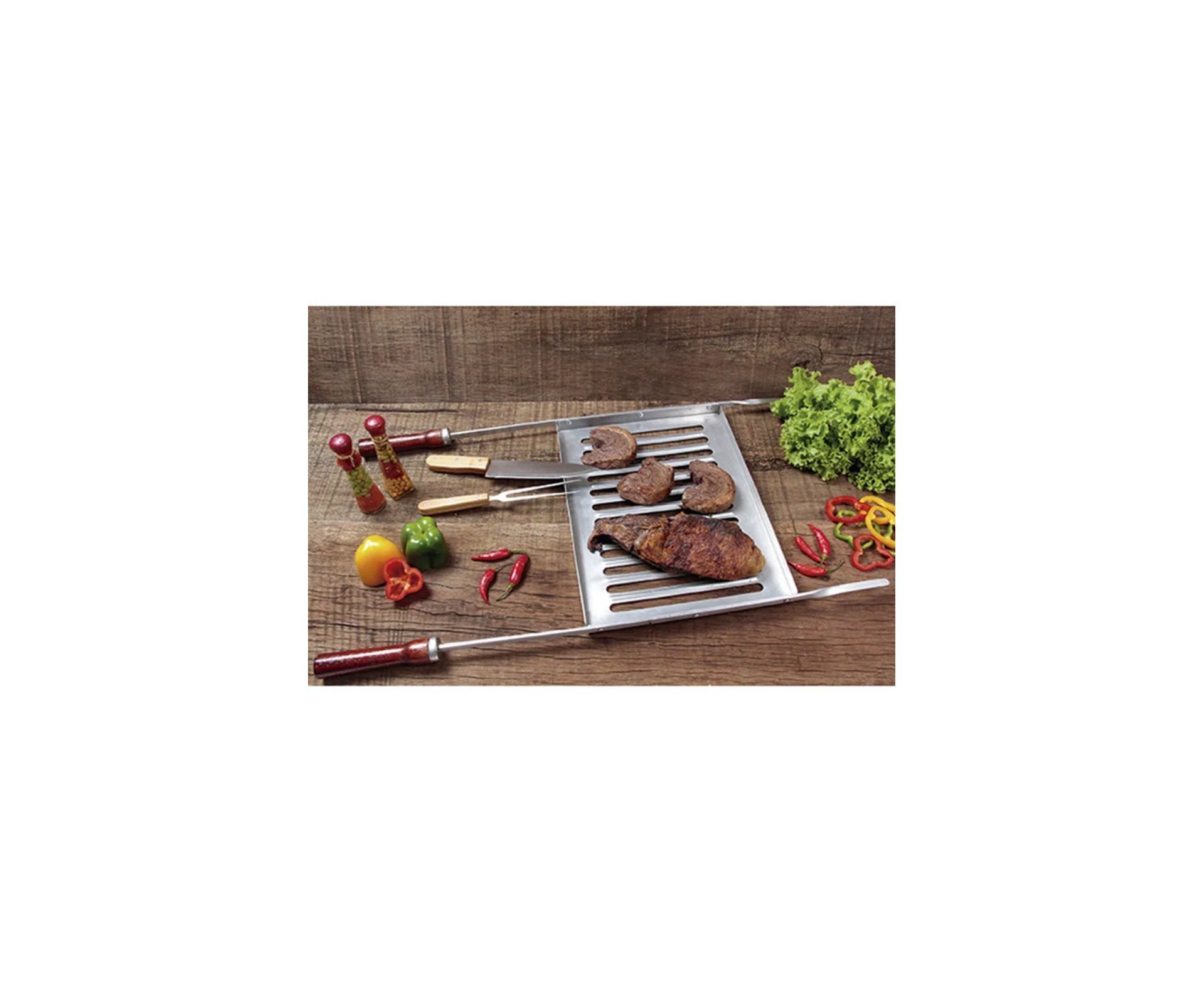 Grelha Alumínio Pro Ref. 003125 - Mor + Kit Churrasco Inox 3 Pcs Essencial UD 3701 - Fixxar