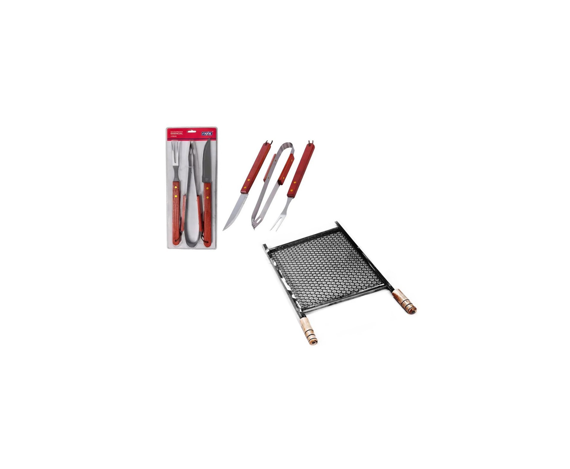 Grelha Aço Inox 50x40 - Zatti + Kit Churrasco Inox 3 Pcs Essencial UD 3701 - Fixxar