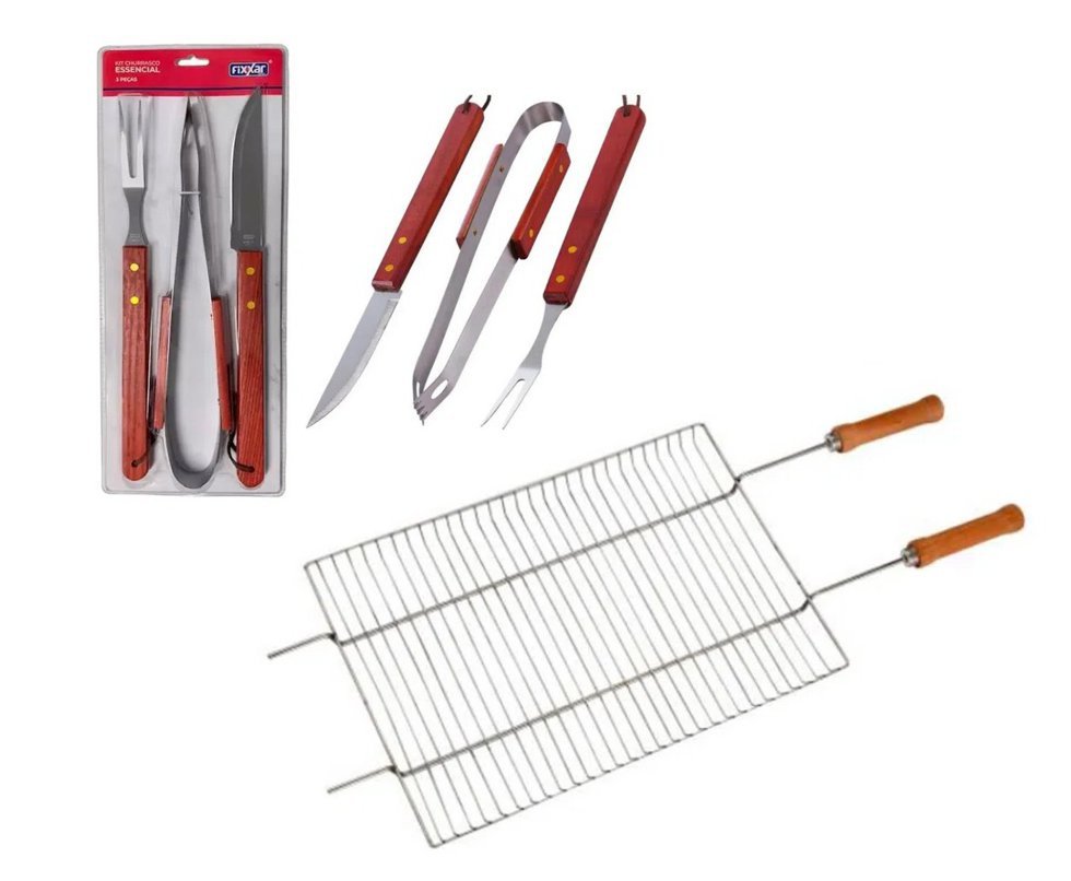 Grelha Big Grill Ref. 003112 - Mor + Kit Churrasco Inox 3 Pcs Essencial UD 3701 - Fixxar