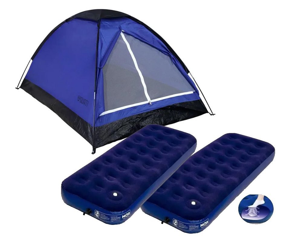 Barraca Camping 4 Pessoas Azul - Quati Carajas + 2 Colchão Inflável Multiuso Solteiro Com Fole Embutido - Mor