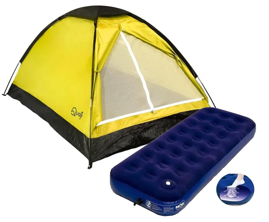 Barraca Camping 2 Pessoas Quati Carajas Amarelo + Colchão Inflável Multiuso Solteiro Com Fole Embutido - Mor