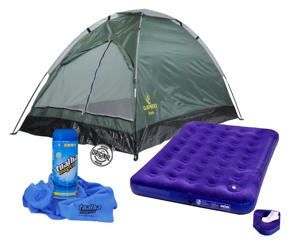 Barraca Acampamento Iglu 3 Pessoas Koala - Guepardo + Colchão Inflável Multiuso Casal + Toalha Mágica