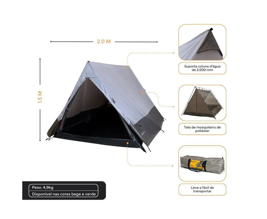 Barraca Camping 5 Pessoas 2,5x2,2m Canadense NTK Bege