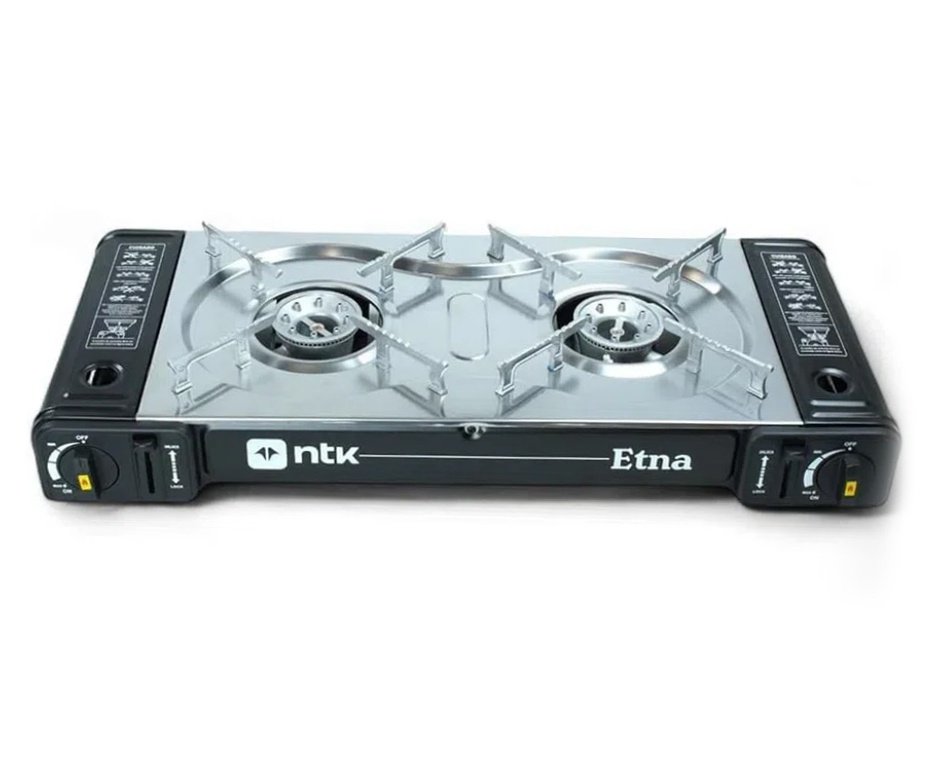Fogareiro Horizontal 2 Bocas ETNA camping e cozinha Aço Inoxidável Preto NTK + Refil Gás + Conjunto de Panelas Camping