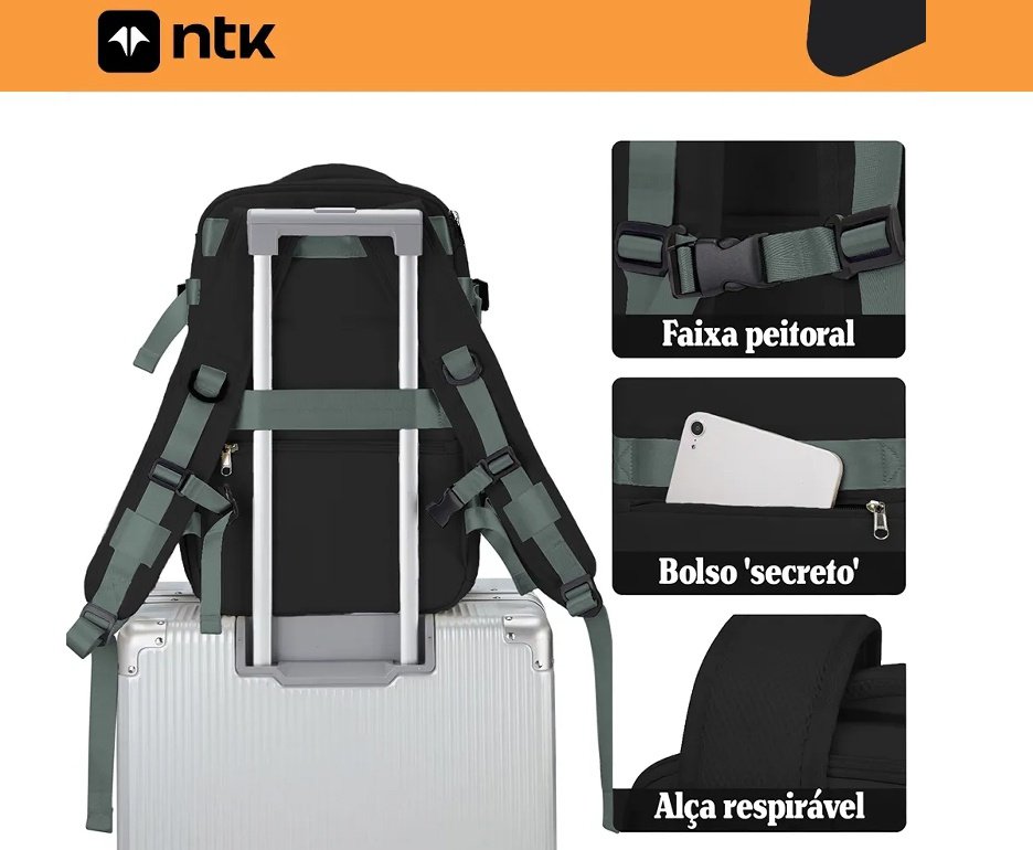 Mochila para Viagem 40L Trip NTK Preta com Compartimento para Notebook