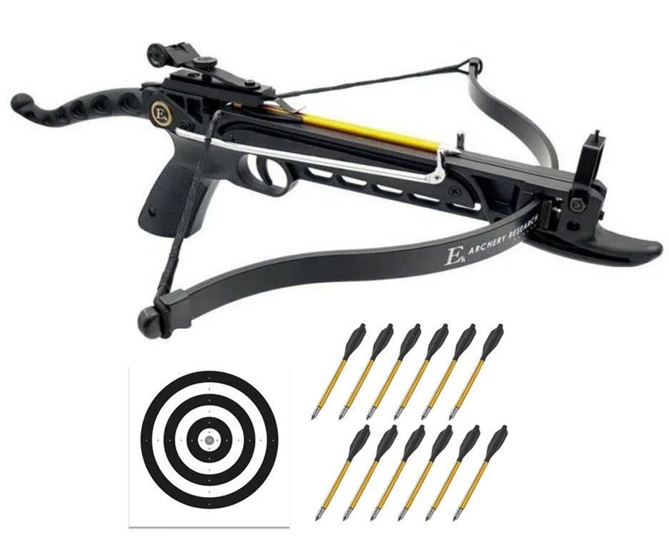 Besta / Balestra 80 libras Cobra Black Polímero - EK Archery + Kit 12 Setas de Alumínio + Alvos