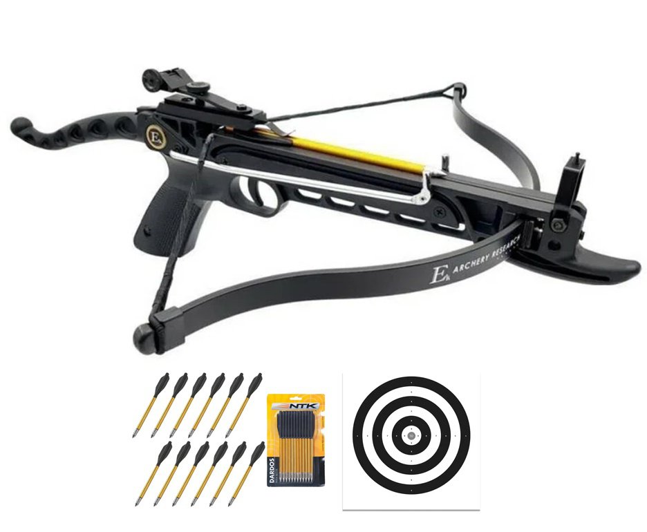 Besta / Balestra 80 libras Cobra Black Polímero - EK Archery + Kit 12 Setas de Alumínio + Alvos