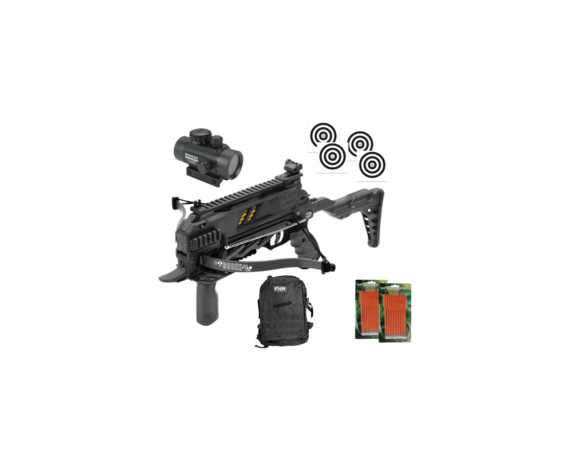 Balestra Besta MK-TCS3-BK 80 Libras com carregador 7 setas - Man Kung + Alvos + Red Dot + Kit Setas + Mochila Tática Assault 32L FXR
