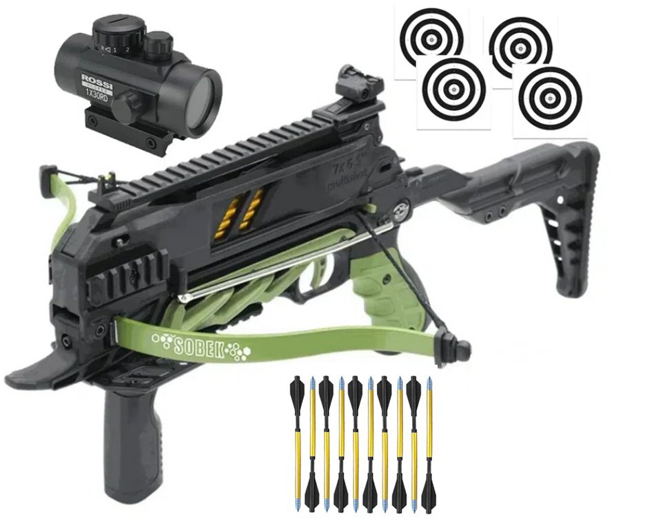 Balestra Besta MK-TCS3-G 80 Libras com carregador 7 setas - Man Kung + Alvos + Red Dot + Kit Setas + Mochila Tática Assault 32L