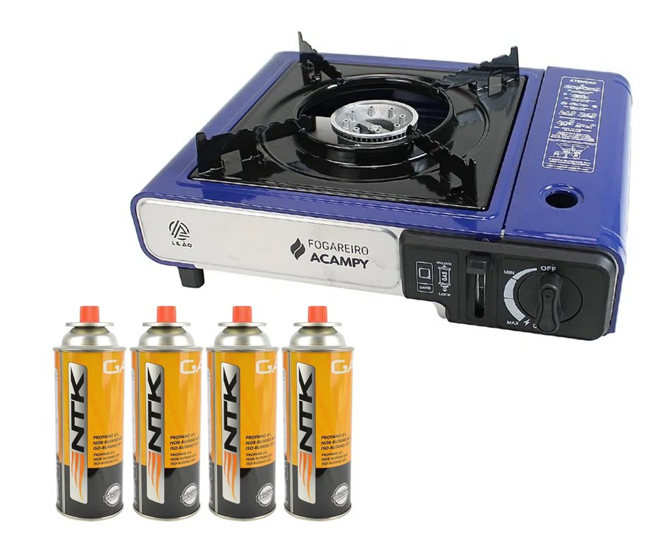 Fogareiro Portátil Acampy para Cozinha e Camping Azul - Leão + Refil Gas