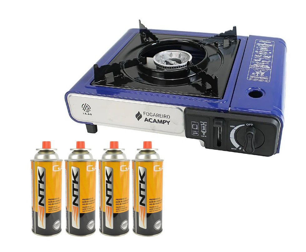 Fogareiro Portátil Acampy para Cozinha e Camping Azul - Leão + Refil Gas