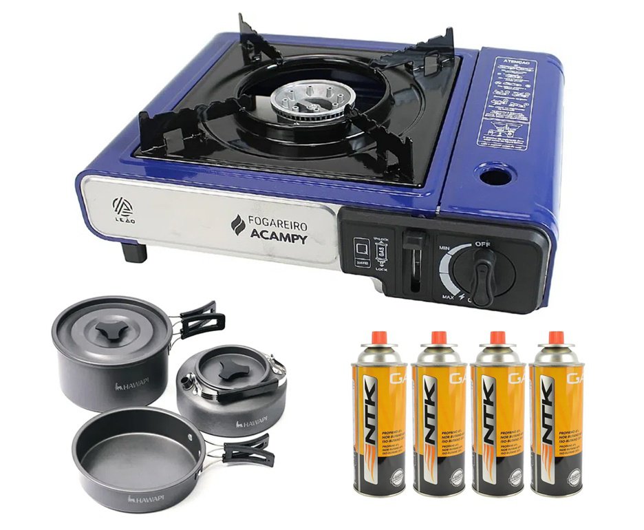 Fogareiro Portátil Acampy para Cozinha e Camping Azul - Leão + Refil Gas + Conjunto de Panelas Camping