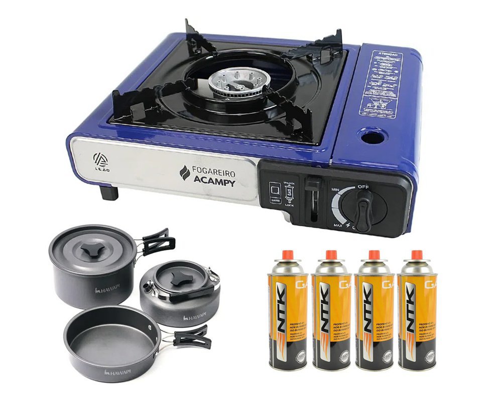 Fogareiro Portátil Acampy para Cozinha e Camping Azul - Leão + Refil Gas + Conjunto de Panelas Camping
