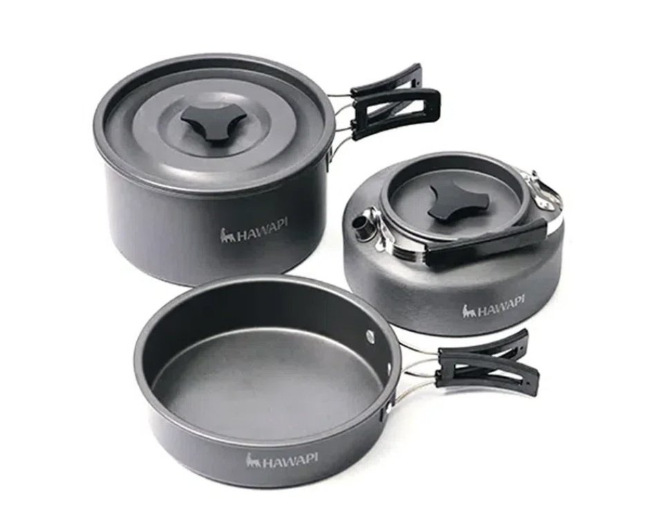 Fogareiro Portátil Acampy para Cozinha e Camping Azul - Leão + Refil Gas + Conjunto de Panelas Camping