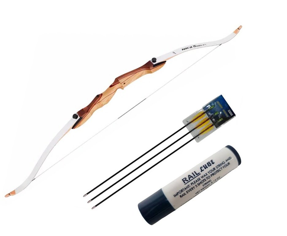 Arco Recurvo de Madeira 70'' / 30LBS Destro - Nika Archery + 3 Flechas De Fibra Vidro 30" + Cera Lubrificante