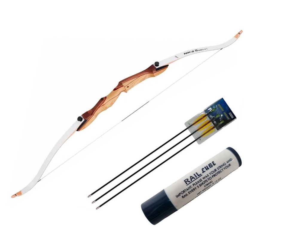 Arco Recurvo de Madeira 70'' / 30LBS Destro - Nika Archery + 3 Flechas De Fibra Vidro 30" + Cera Lubrificante