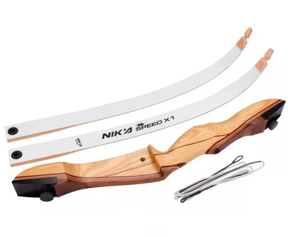 Arco Recurvo de Madeira 68'' / 28LBS Destro - Nika Archery + 3 Flechas De Fibra Vidro 30" + Cera Lubrificante