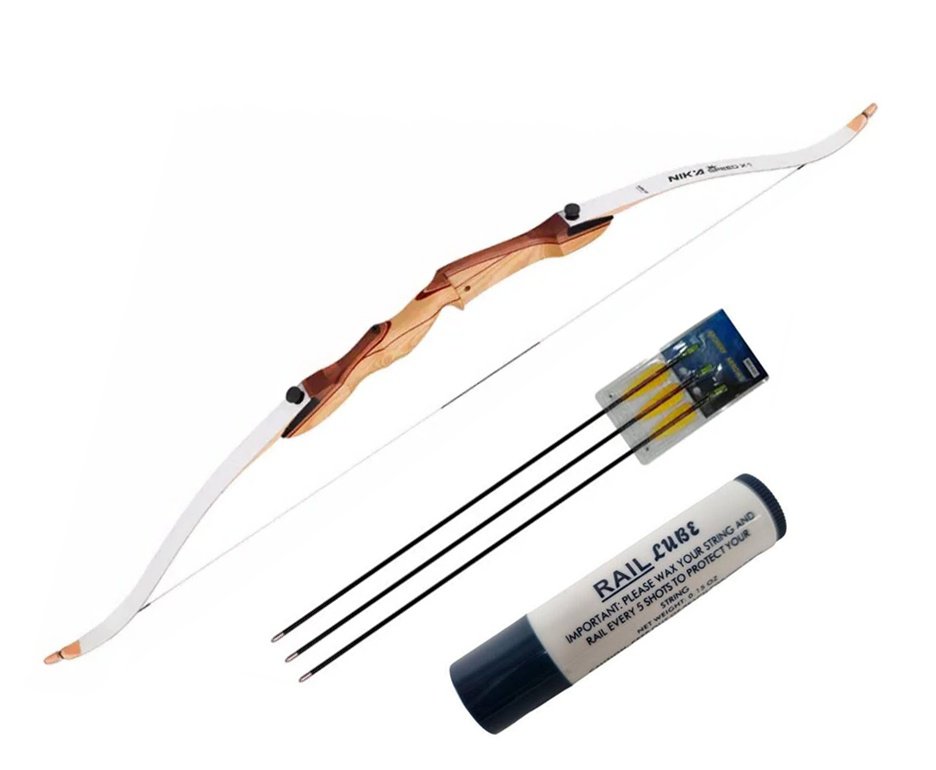 Arco Recurvo de Madeira 68'' / 28LBS Destro - Nika Archery + 3 Flechas De Fibra Vidro 30" + Cera Lubrificante