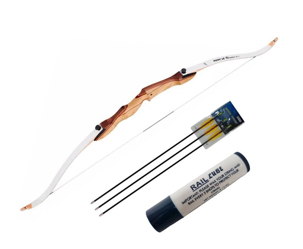Arco Recurvo de Madeira 68'' / 28LBS Destro - Nika Archery + 3 Flechas De Fibra Vidro 30" + Cera Lubrificante