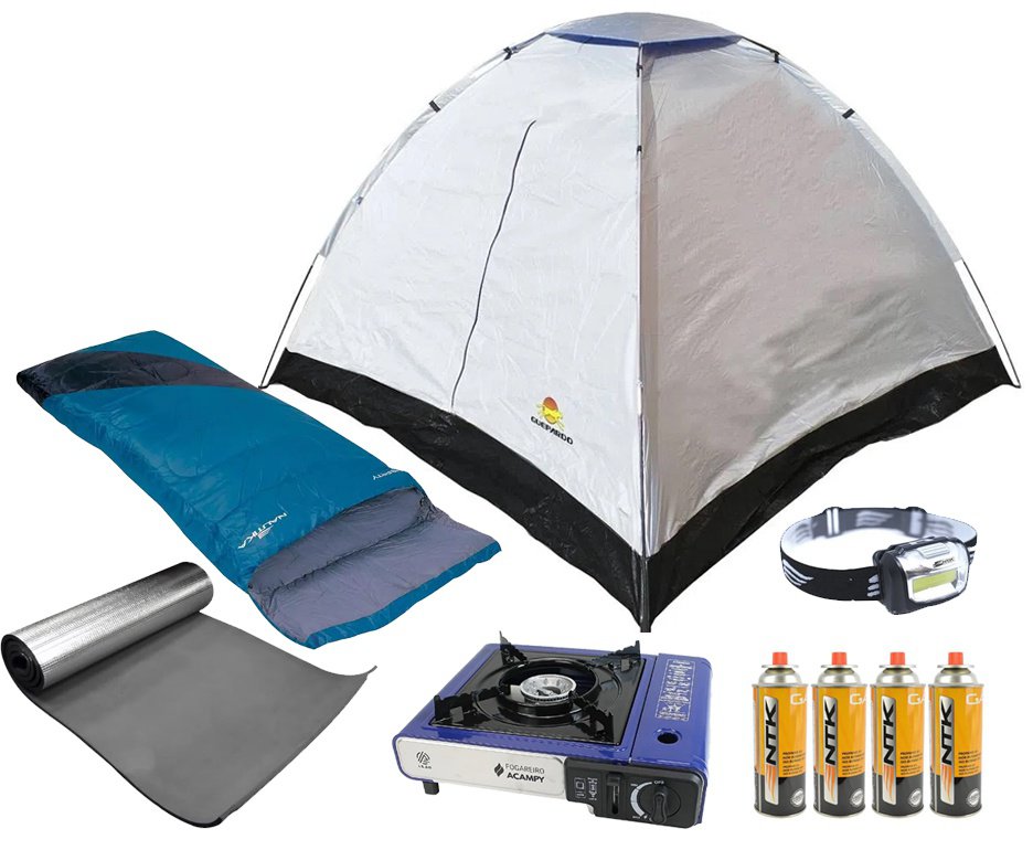 Barraca Atena 4 Pessoas - Guepardo + Saco de Dormir + Isolante Térmico + Lanterna de Cabeça + Fogareiro + Refil Gás