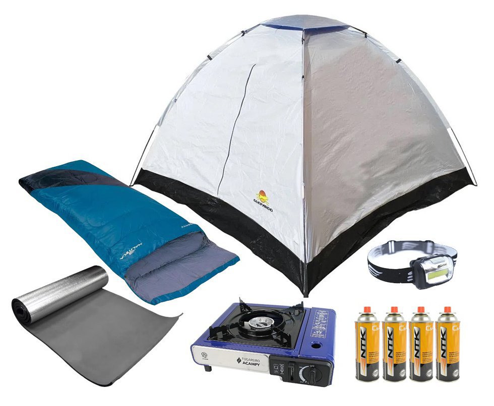 Barraca Atena 4 Pessoas - Guepardo + 2 Sacos de Dormir + 2 Isolantes Térmicos + Lanterna de Cabeça + Fogareiro + Refil Gás