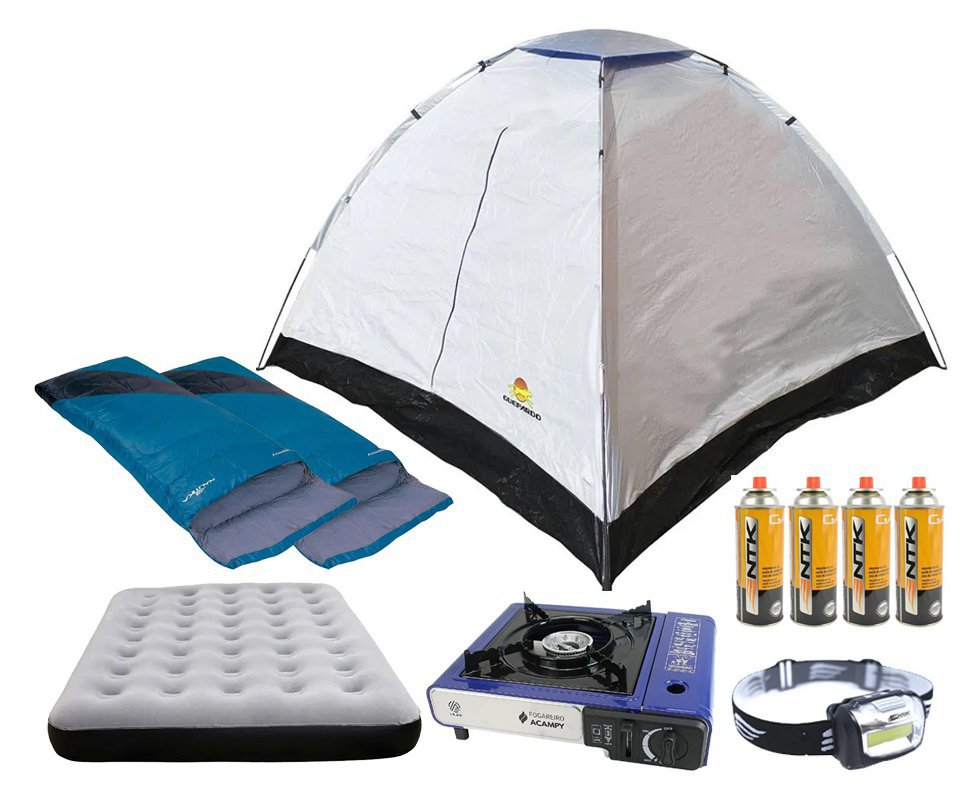 Barraca Atena 4 Pessoas - Guepardo + 2 Sacos de Dormir + Colchão Inflável Casal + Lanterna de Cabeça + Fogareiro + Refil Gás