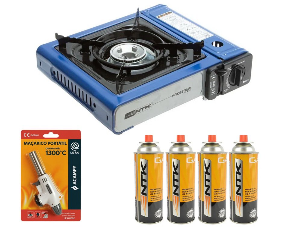 Fogareiro Frontier Portatil Para Cozinha E Camping Azul - Nautika + Refil Gás + Maçarico Portátil