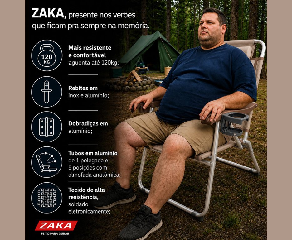Cadeira de Praia Zaka Reclinável 5 Posições Alumínio Reforçada UP Line Até 120kg - Avelã