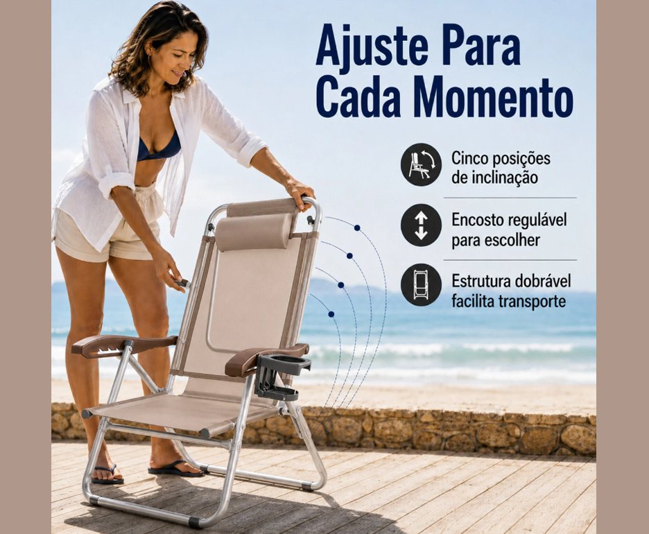 Cadeira de Praia Zaka Reclinável 5 Posições Alumínio Reforçada UP Line Até 120kg - Avelã