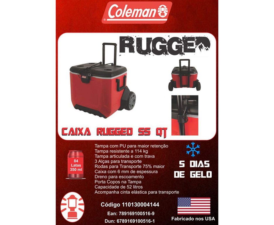 Caixa Cooler Termico Coleman 55 Qt / 52l Rugged Vermelho Com Rodas