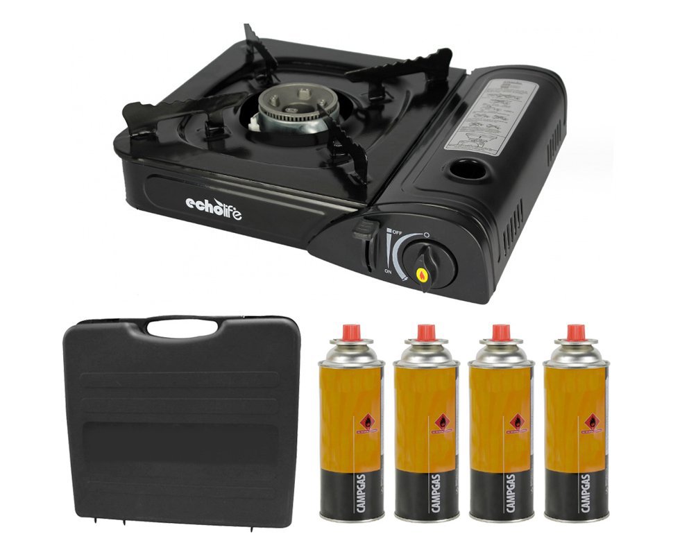 Fogareiro Camping Cozinha Portatil Double Flex - Echolife + 04 Refil Campgas