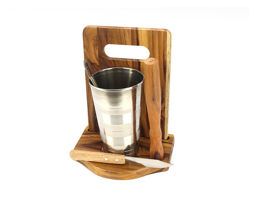 Kit Caipirinha - Tábua Para Corte + 1 Soquete + 1 Base Para Kit + 1 Copo Inox + 1 Colher + 1 Faca Com Lâmina De Aço Inox