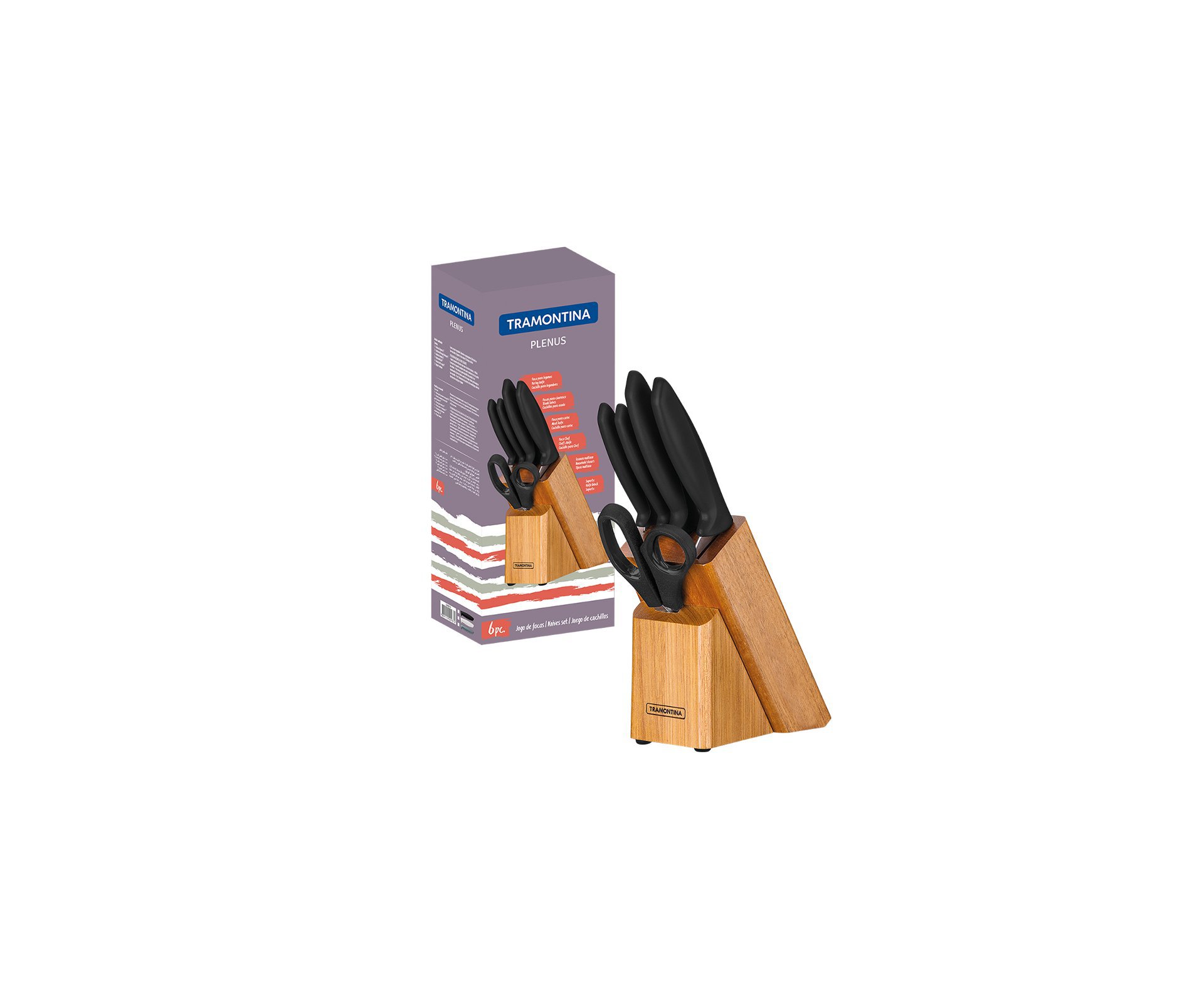 Jogo De Faca 6 Pçs Plenus Com Laminas De Aço Inox, Cabo De Polipropileno E Cepo Madeira - Tramontina