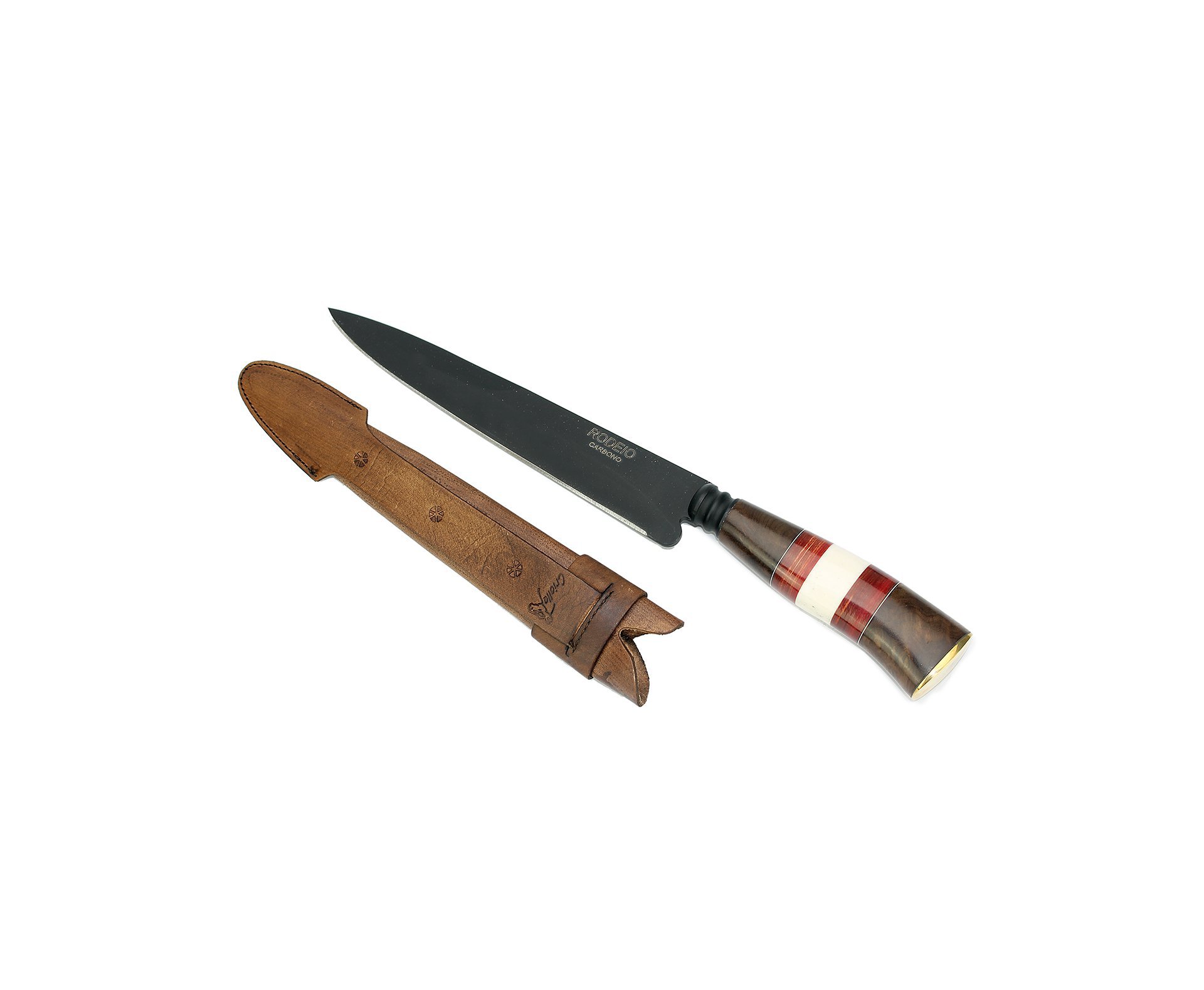 Faca Churrasco 8" Em Aço Carbono + Bainha Couro - Cabo De Madeira/chifre - Rodeio