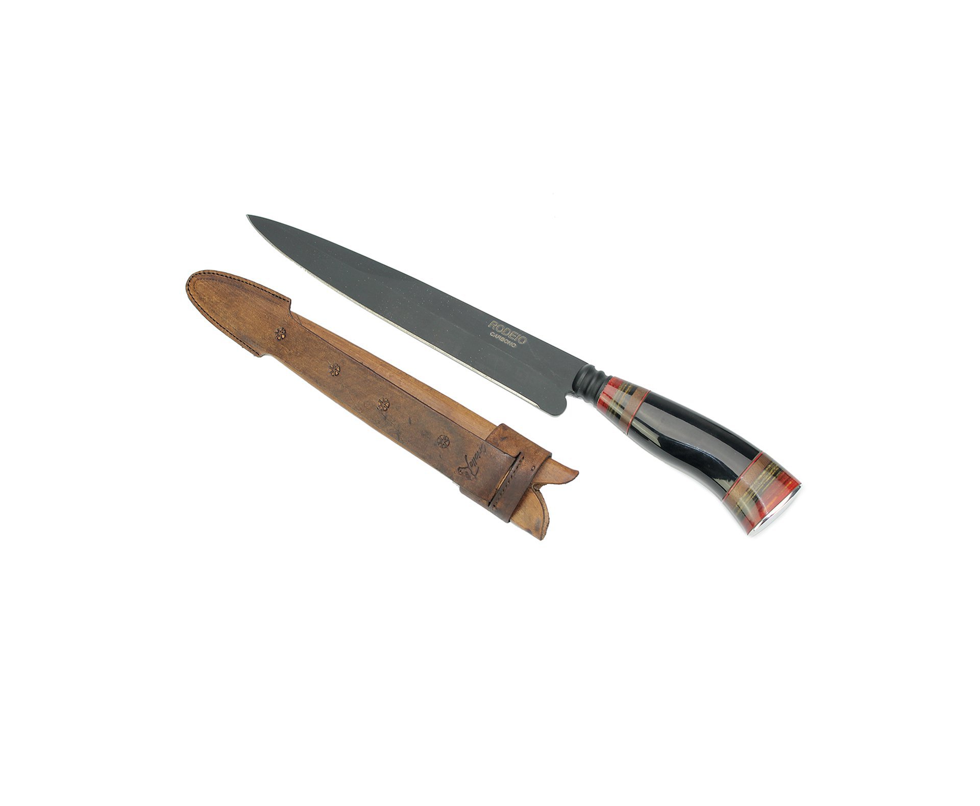 Faca Churrasco 9" Em Aço Carbono + Bainha Couro - Cabo De Madeira/chifre - Rodeio