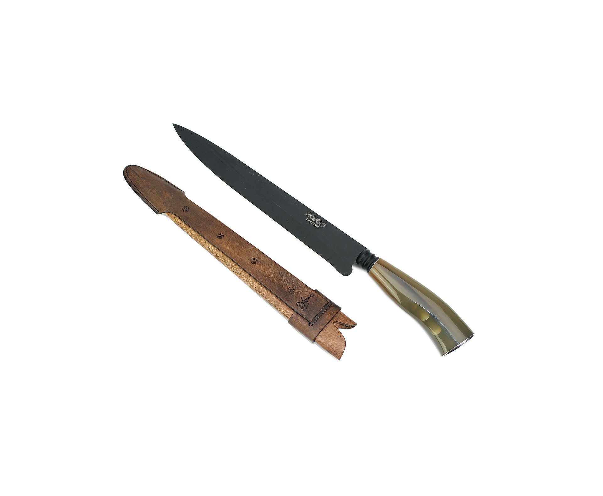 Faca Churrasco 10" Em Aço Carbono + Bainha Couro - Cabo De Madeira/chifre - Rodeio